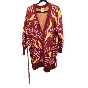 Farm Rio Women's Burgundy Toucamissamo Belted Cardigan Knit Sweater Size Medium